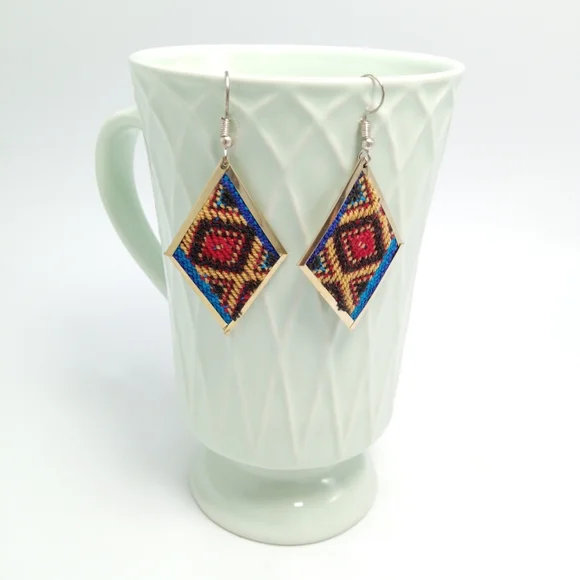Western Cowgirl Wool & Alpaca Silver Earrings Set Boho Aztec Pattern Handmade - Picture 3 of 6